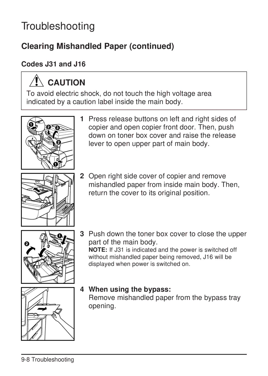 Konica Minolta 2223 user manual Codes J31 and J16, When using the bypass 