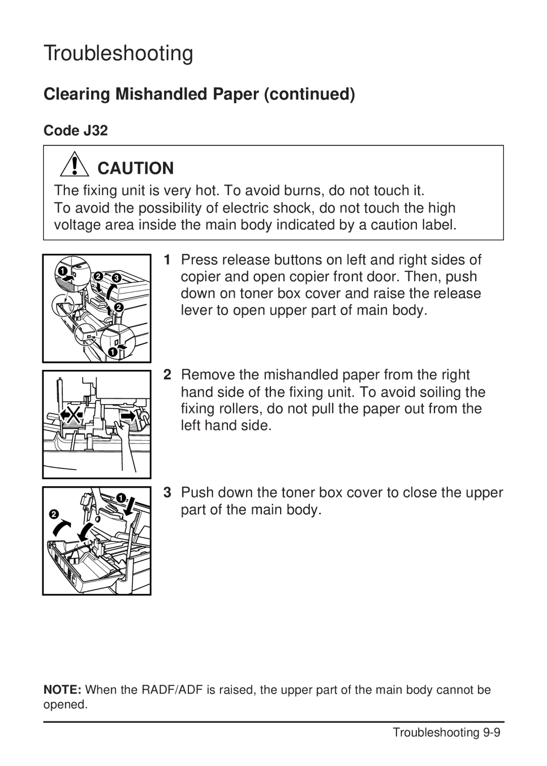 Konica Minolta 2223 user manual Code J32, Fixing unit is very hot. To avoid burns, do not touch it 