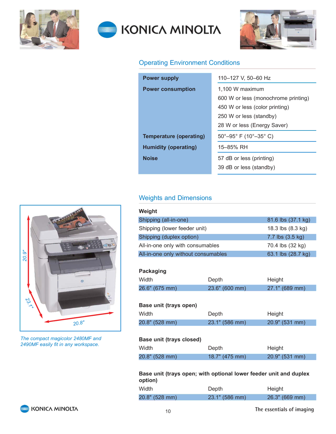 Konica Minolta 2480 MF, 2490 MF manual Operating Environment Conditions, Weights and Dimensions 