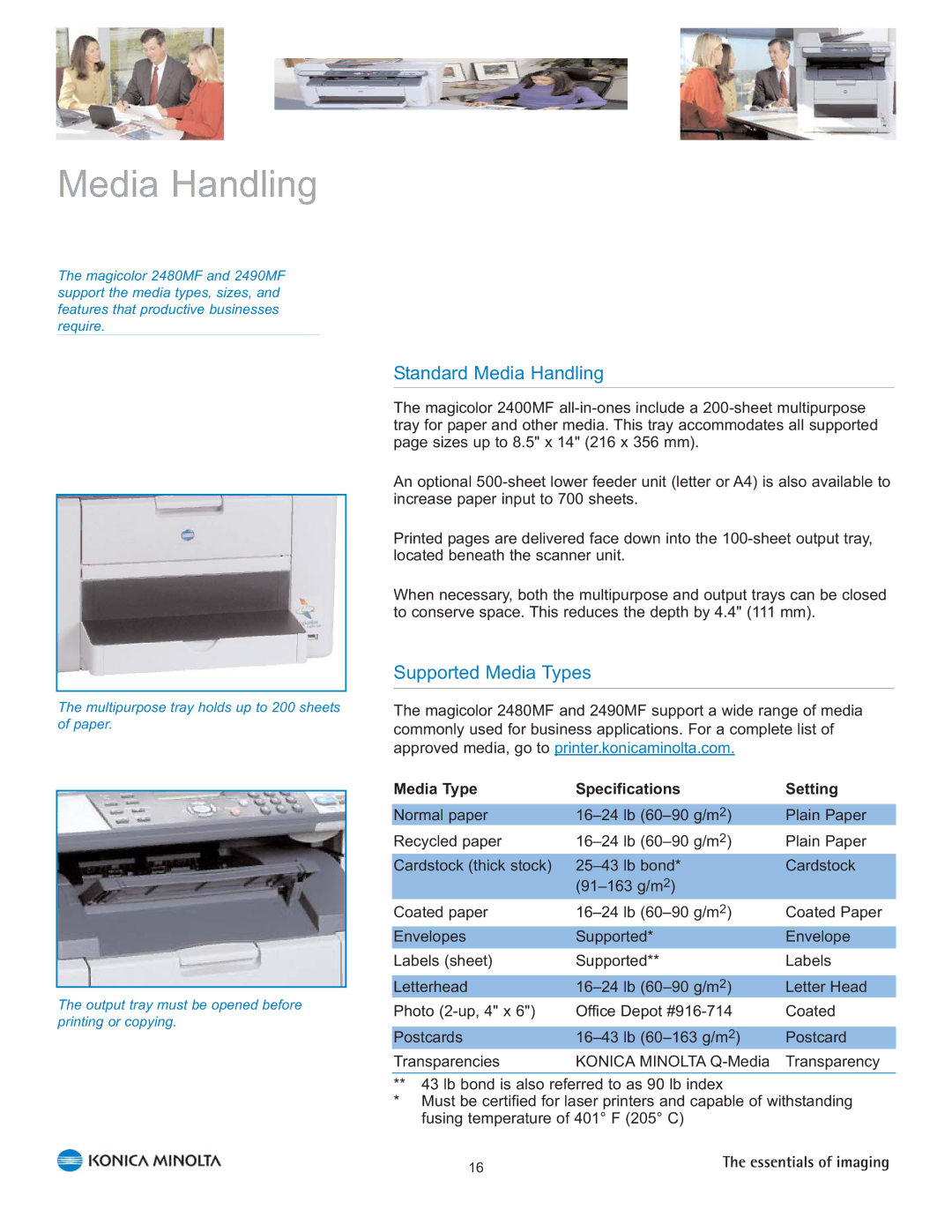 Konica Minolta 2480 MF, 2490 MF manual Standard Media Handling, Supported Media Types, Media Type Specifications Setting 