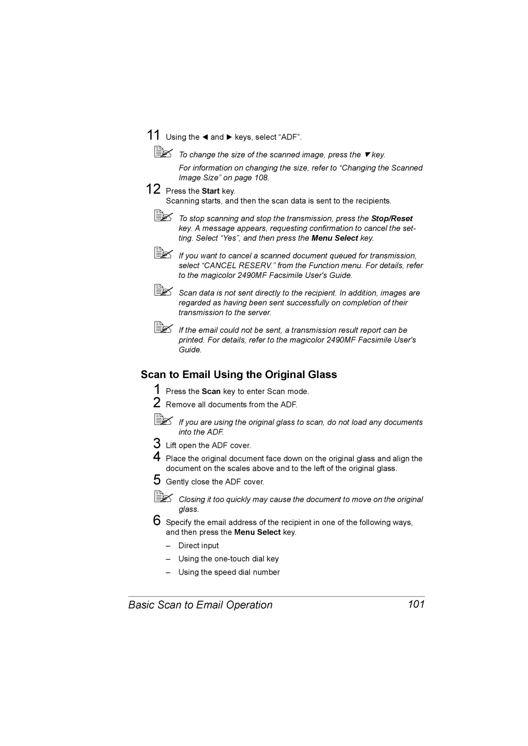 Konica Minolta 2490MF manual Scan to Email Using the Original Glass, Basic Scan to Email Operation 101 