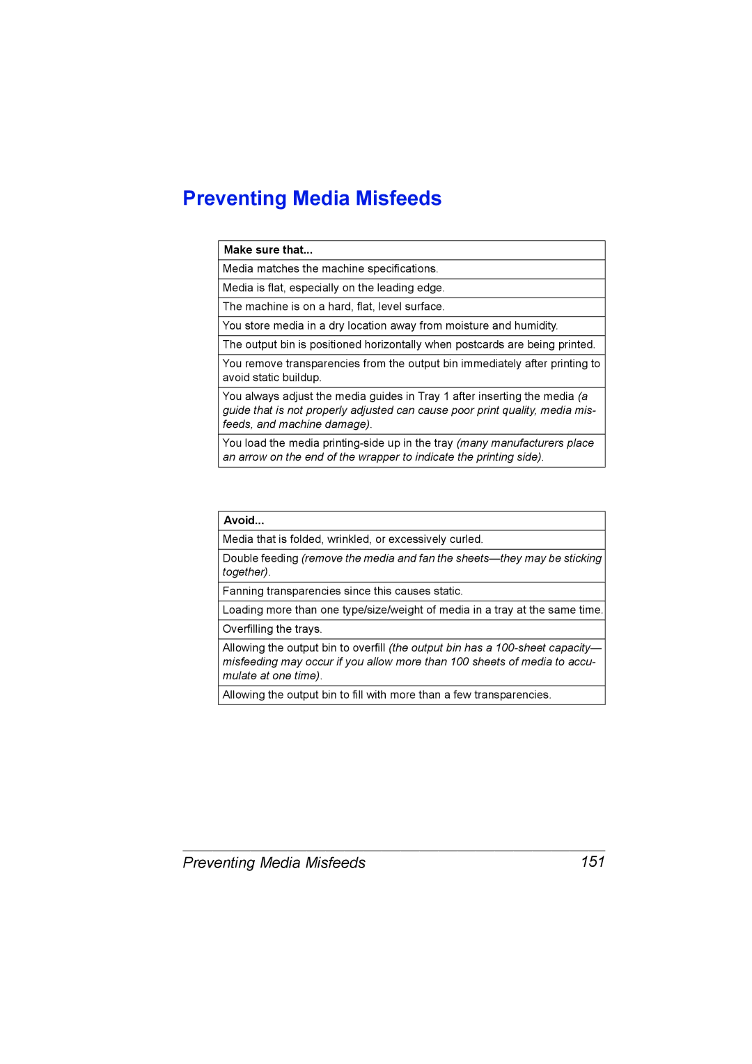 Konica Minolta 2490MF manual Preventing Media Misfeeds 151, Make sure that, Avoid 