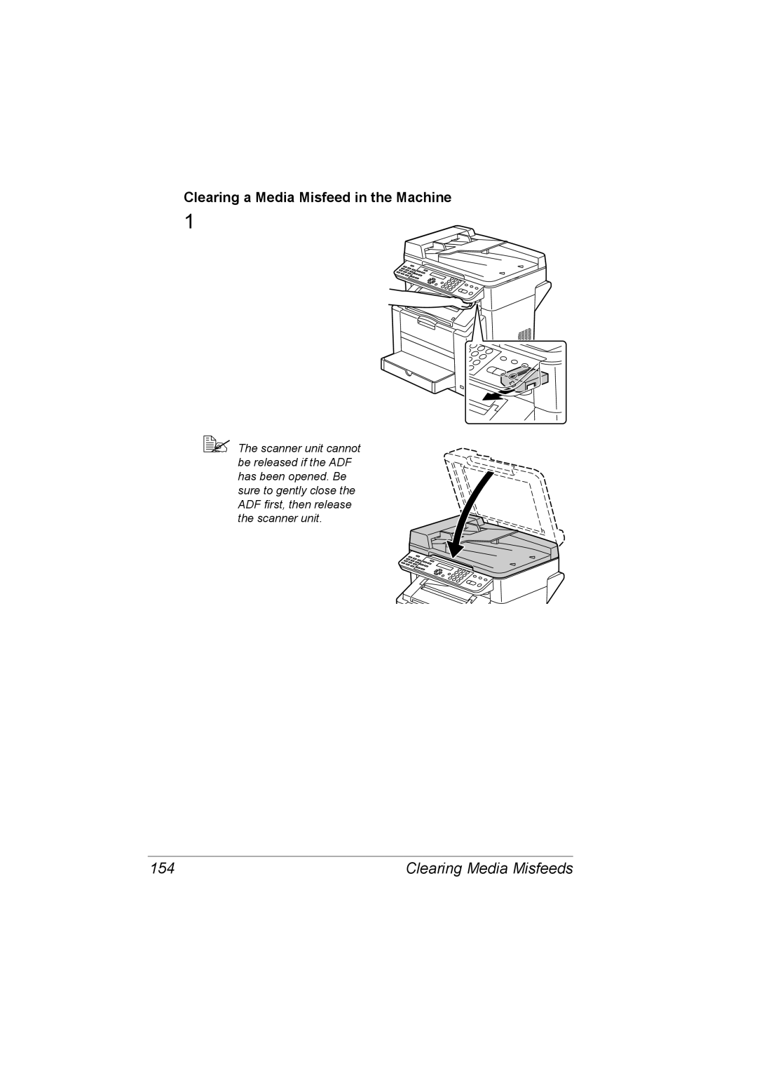 Konica Minolta 2490MF manual 154, Clearing a Media Misfeed in the Machine, Clearing Media Misfeeds 