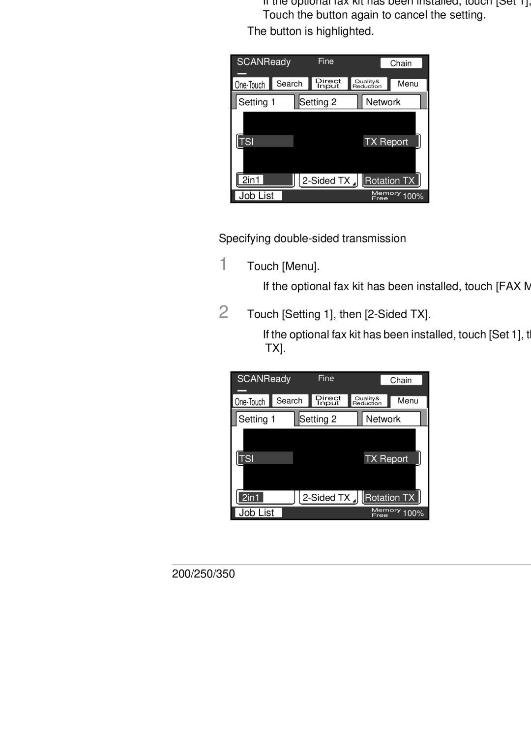 Konica Minolta BP-200, 250, 350 manual Specifying 2in1 transmission, Specifying double-sided transmission 