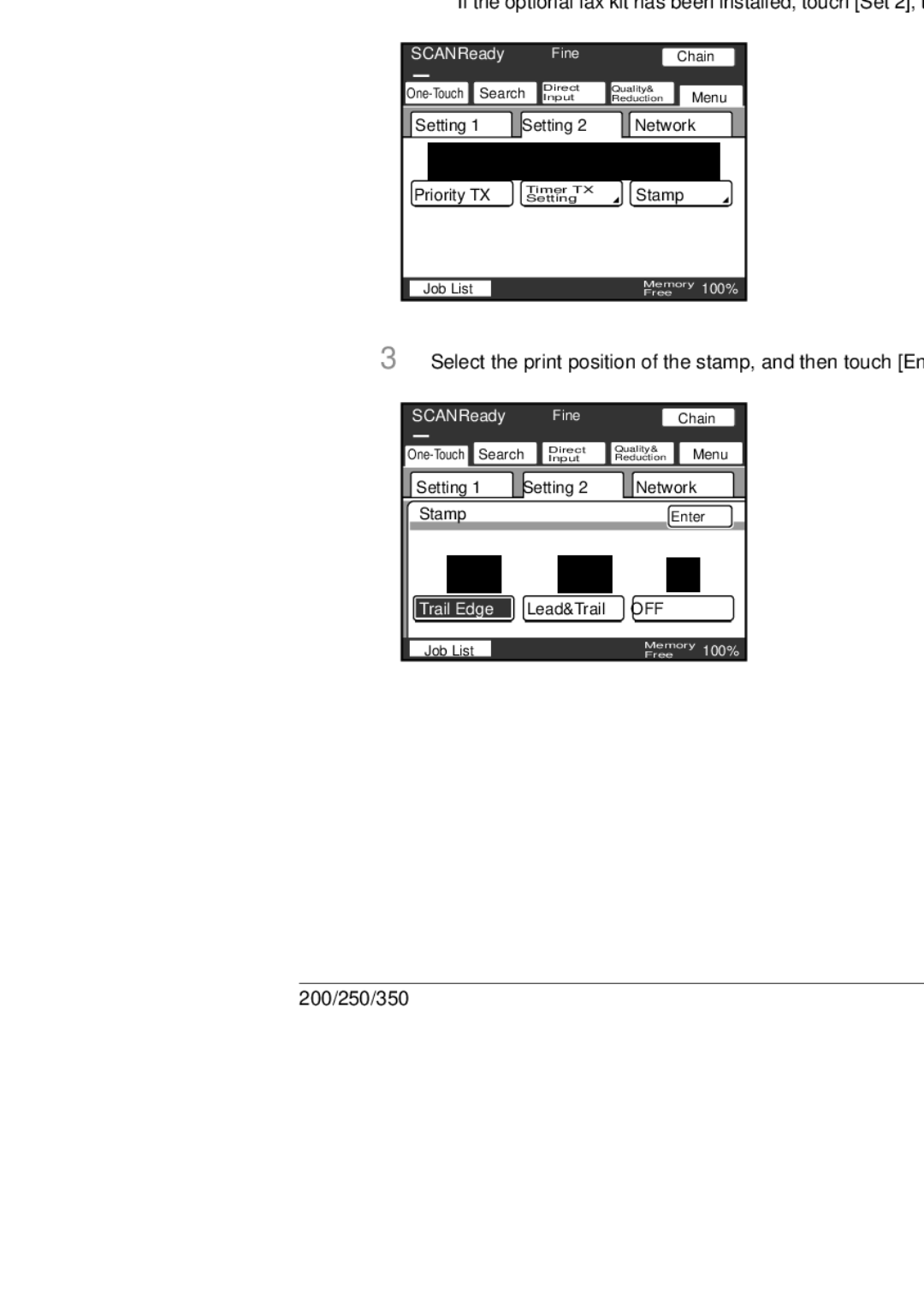 Konica Minolta 250, 350, BP-200 Specifying the stamp setting, Select the print position of the stamp, and then touch Enter 