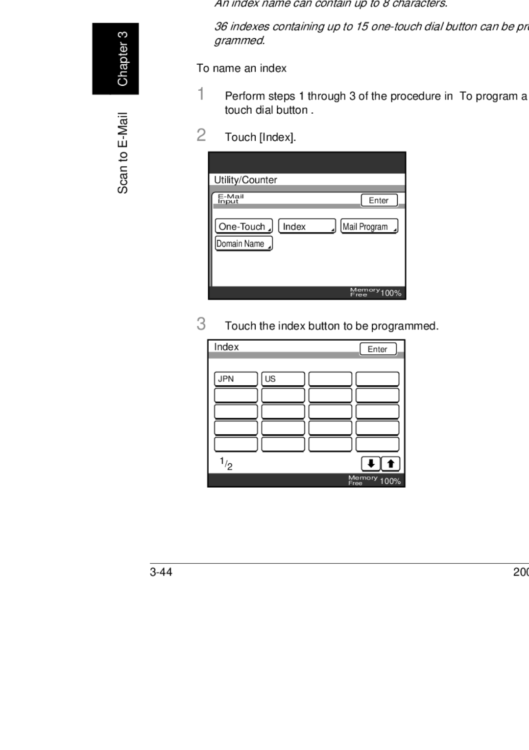 Konica Minolta BP-200, 250, 350 manual Naming an index, To name an index, Touch the index button to be programmed 