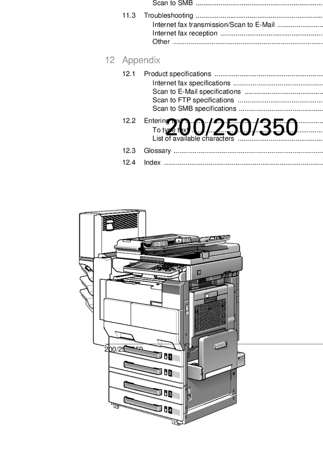 Konica Minolta 350, 250, BP-200 manual Troubleshooting 11-6, Product specifications 12-2 