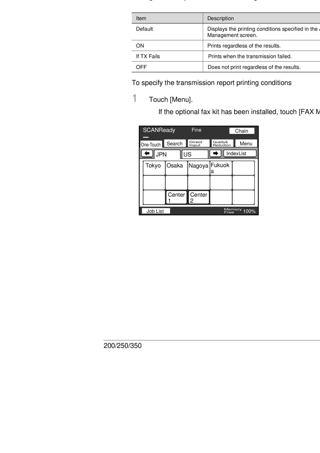 Konica Minolta BP-200, 250, 350 manual Specifying the transmission report printing conditions 