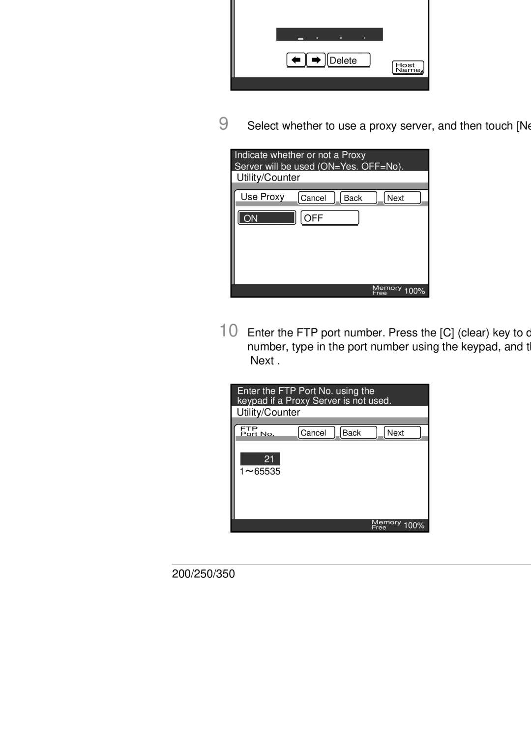 Konica Minolta 250, 350, BP-200 manual Select whether to use a proxy server, and then touch Next 