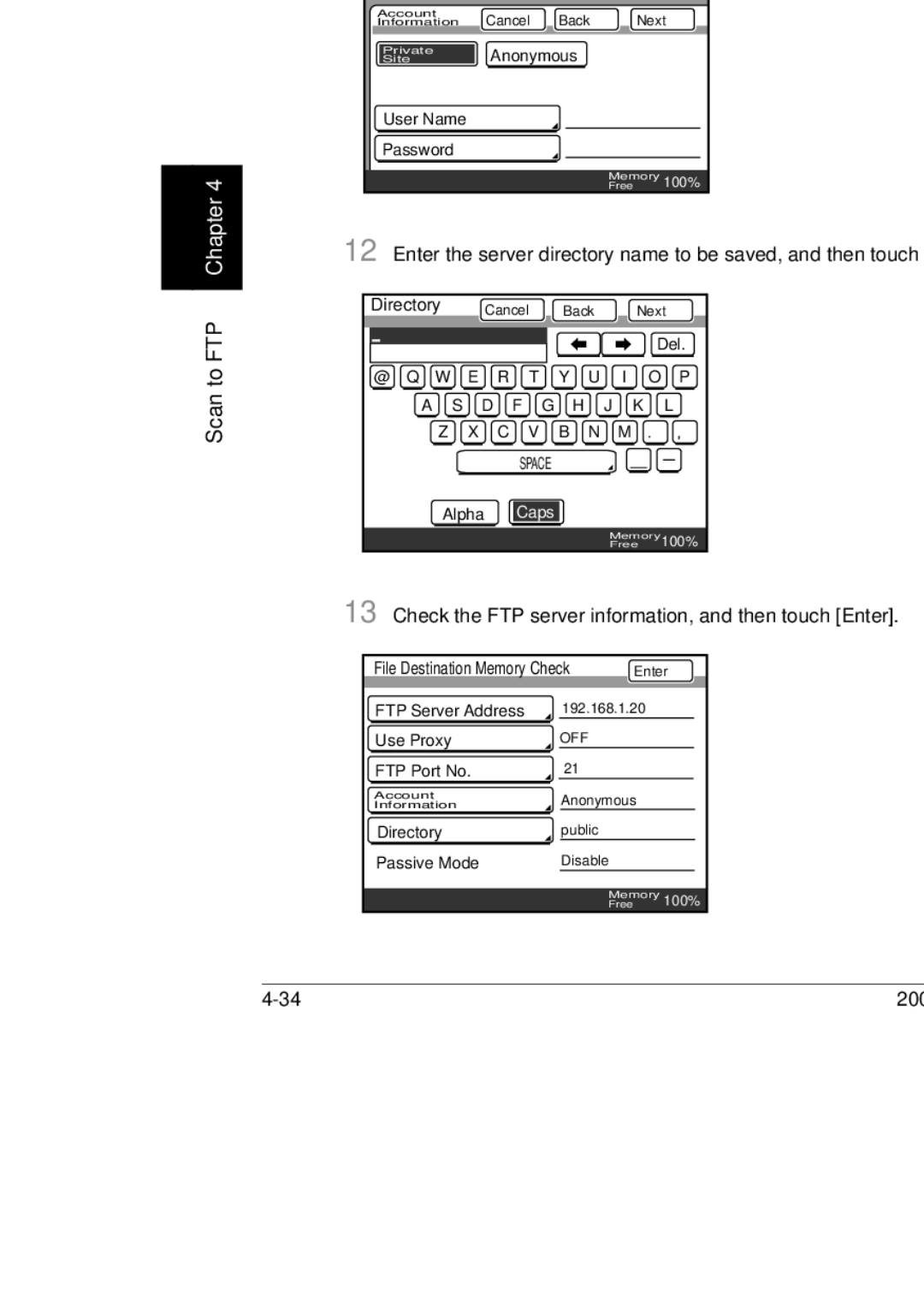 Konica Minolta 350, 250, BP-200 manual Check the FTP server information, and then touch Enter 