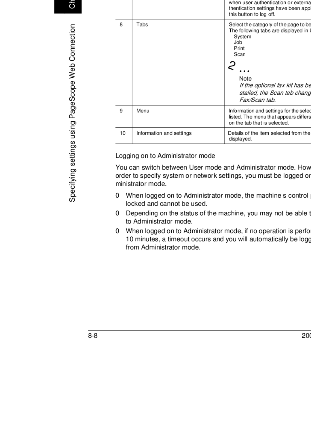 Konica Minolta BP-200, 250, 350 manual Logging on to Administrator mode, Fax/Scan tab 