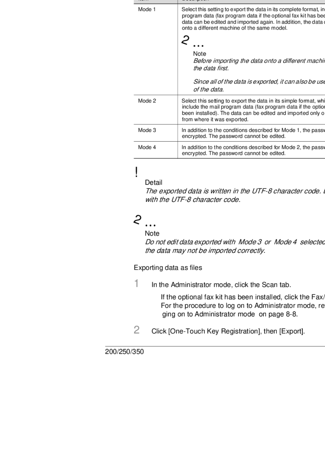 Konica Minolta 350, 250, BP-200 manual Export/Import Administrator mode, Exporting data as files 