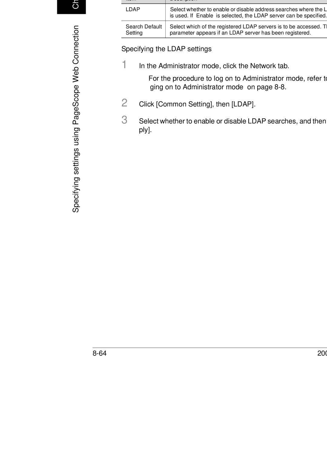 Konica Minolta 350, 250, BP-200 manual Ldap Administrator mode, Specifying the Ldap settings 