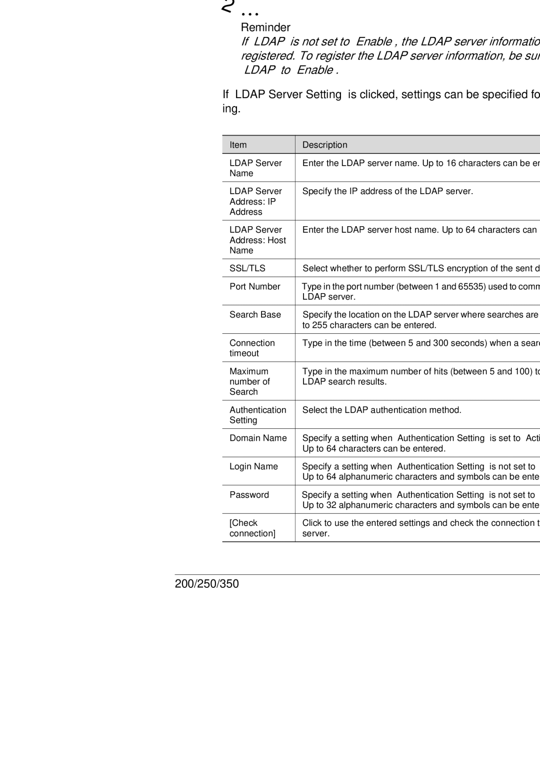 Konica Minolta BP-200, 250, 350 Ldap Server Setting Administrator mode, Specifying settings using PageScope Web Connection 