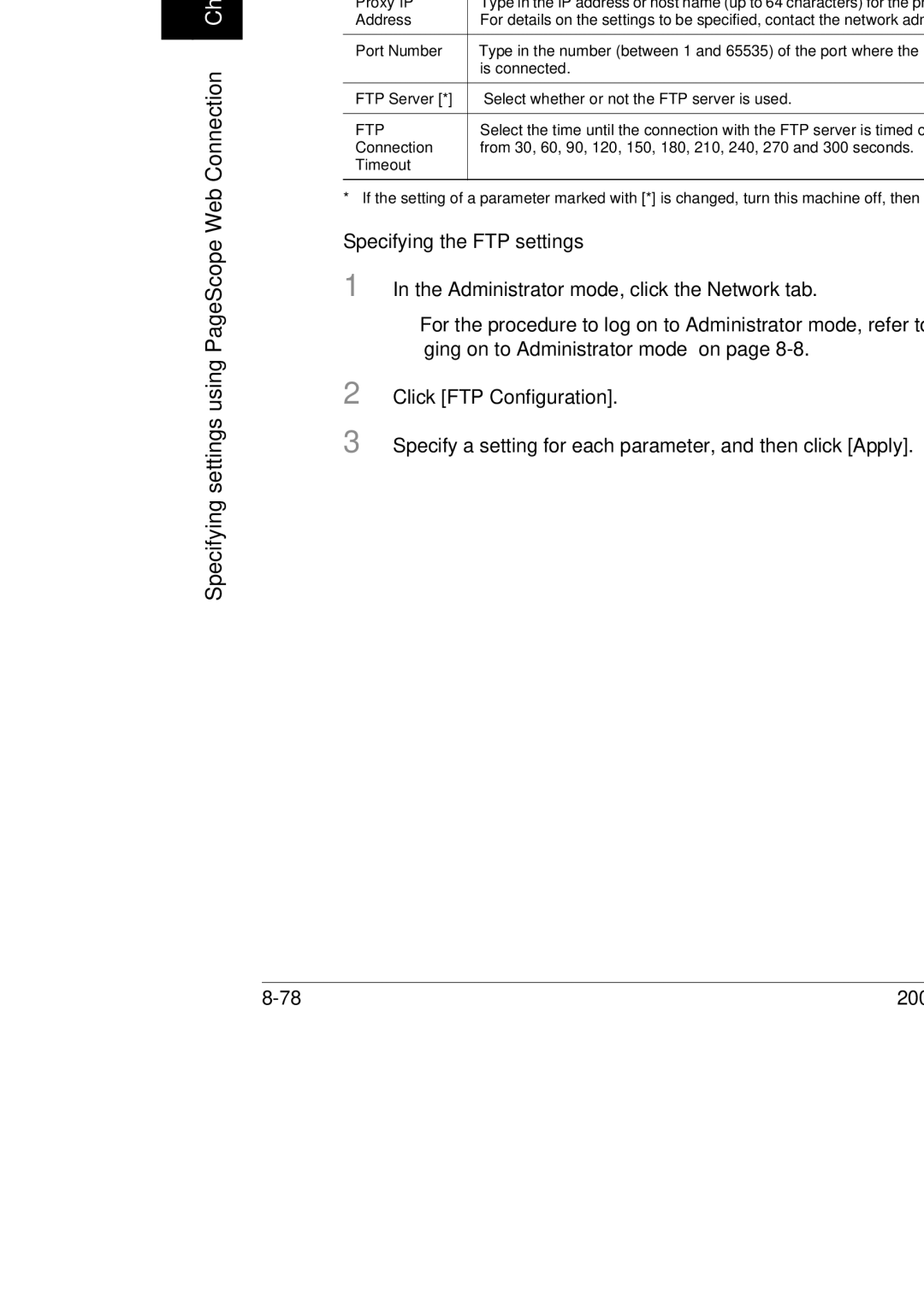 Konica Minolta 250, 350, BP-200 manual FTP Configuration Administrator mode, Specifying the FTP settings 