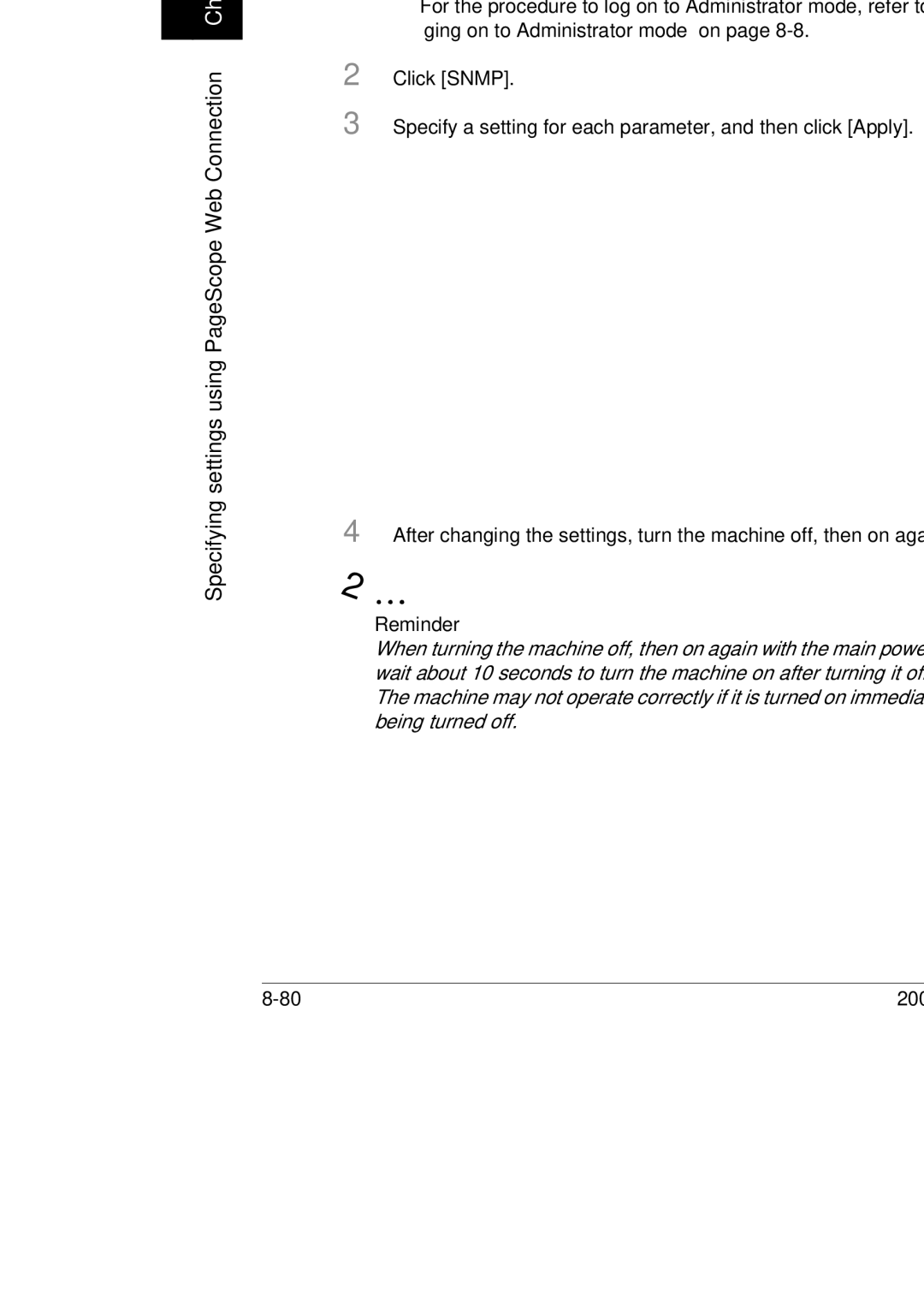 Konica Minolta BP-200, 250, 350 manual Select whether or not Snmp is used, Specifying the Snmp setting 