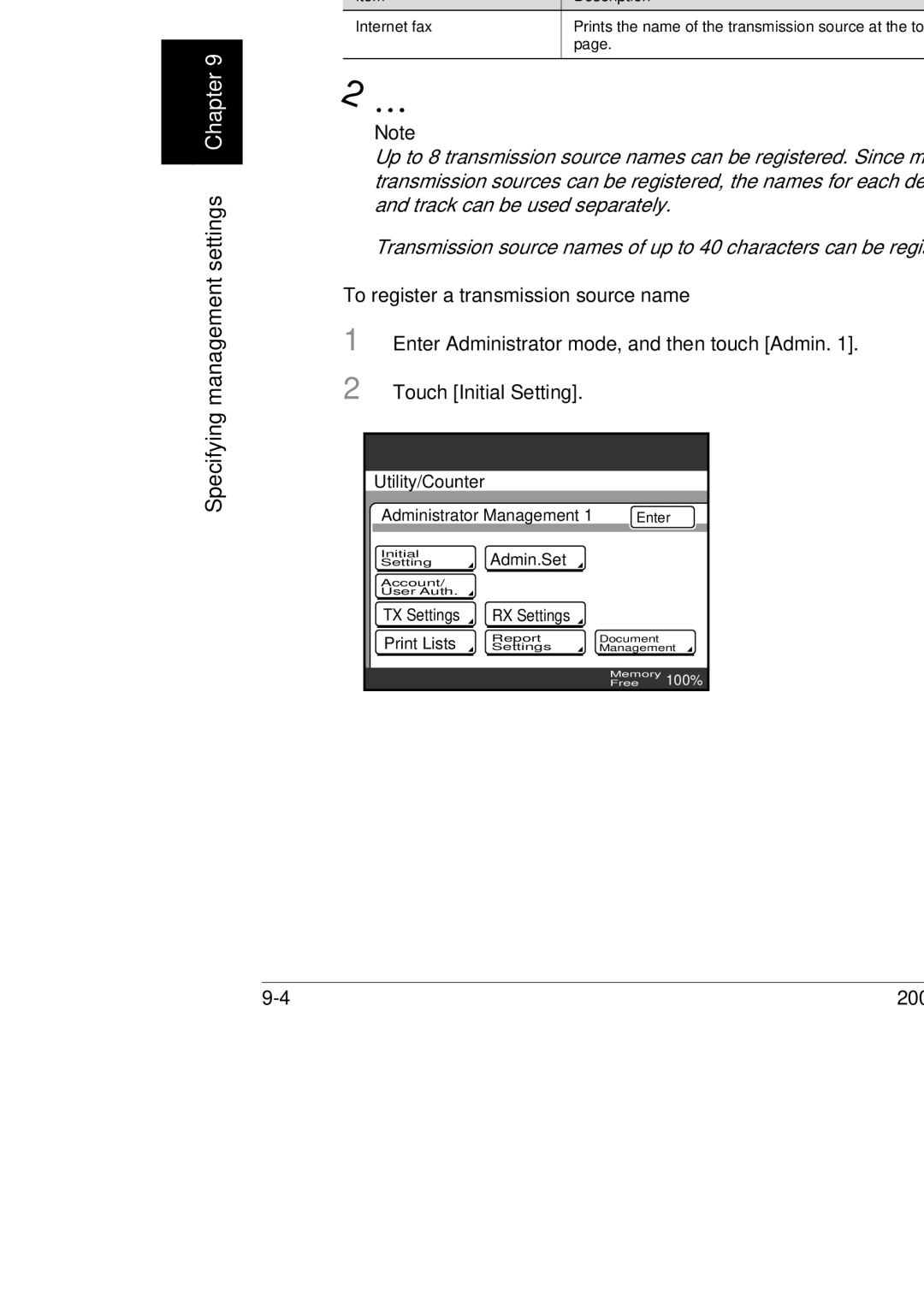 Konica Minolta 350 Registering transmission source names, To register a transmission source name, Touch Initial Setting 