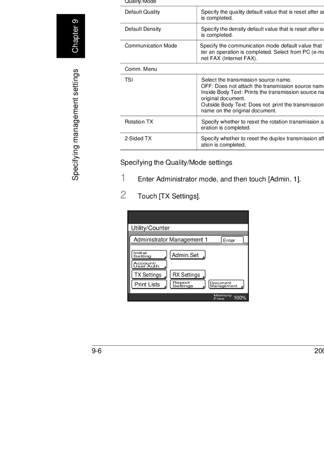 Konica Minolta 250, 350, BP-200 Specifying transmission report settings TX Settings, Specifying the Quality/Mode settings 