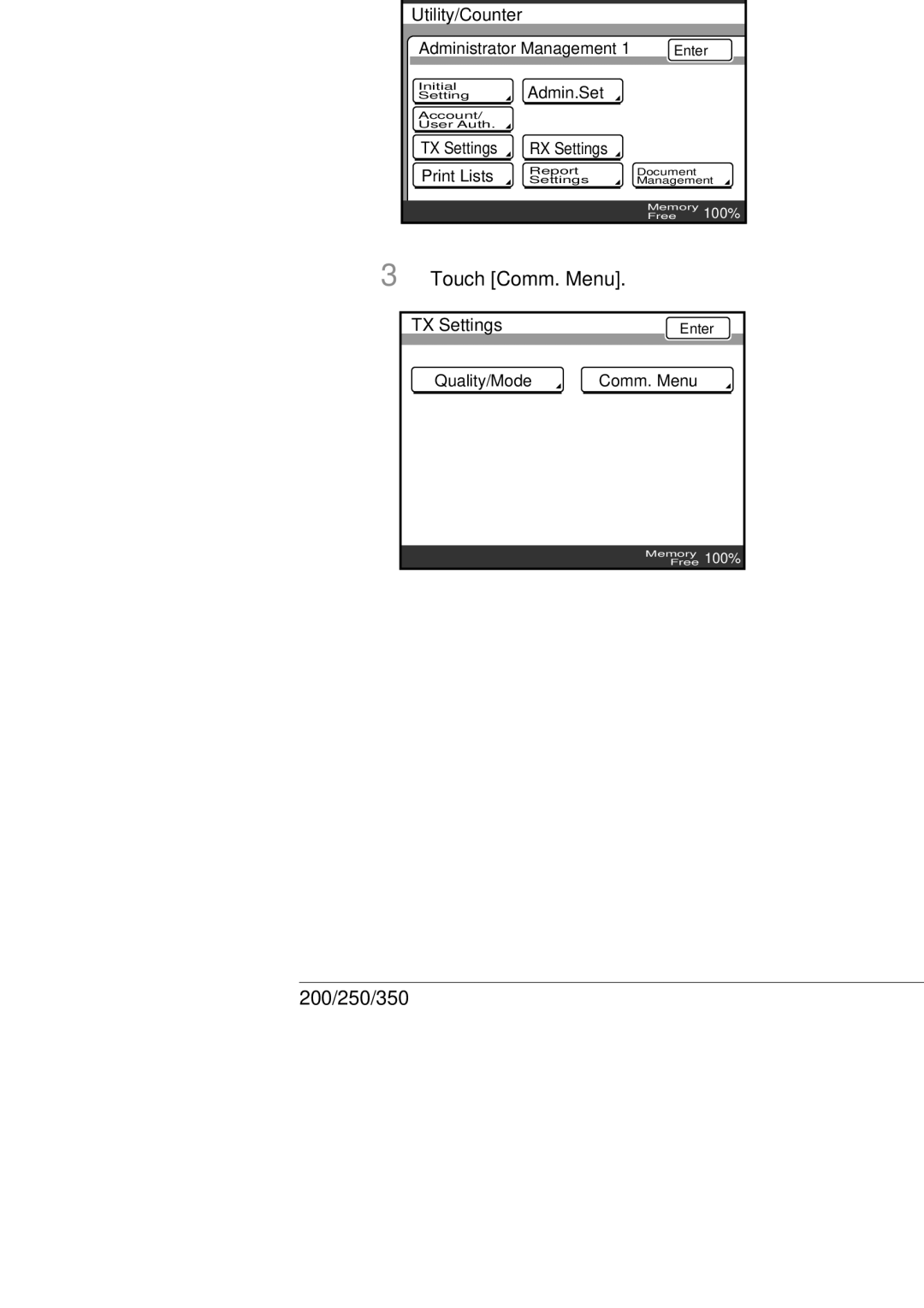 Konica Minolta 250, 350, BP-200 manual Specifying Comm. Menu settings, Touch Comm. Menu 