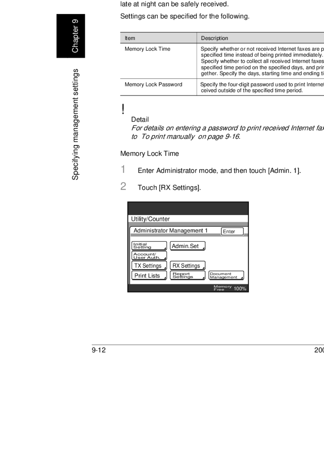 Konica Minolta 250, 350, BP-200 manual Memory Lock Time, Touch RX Settings 