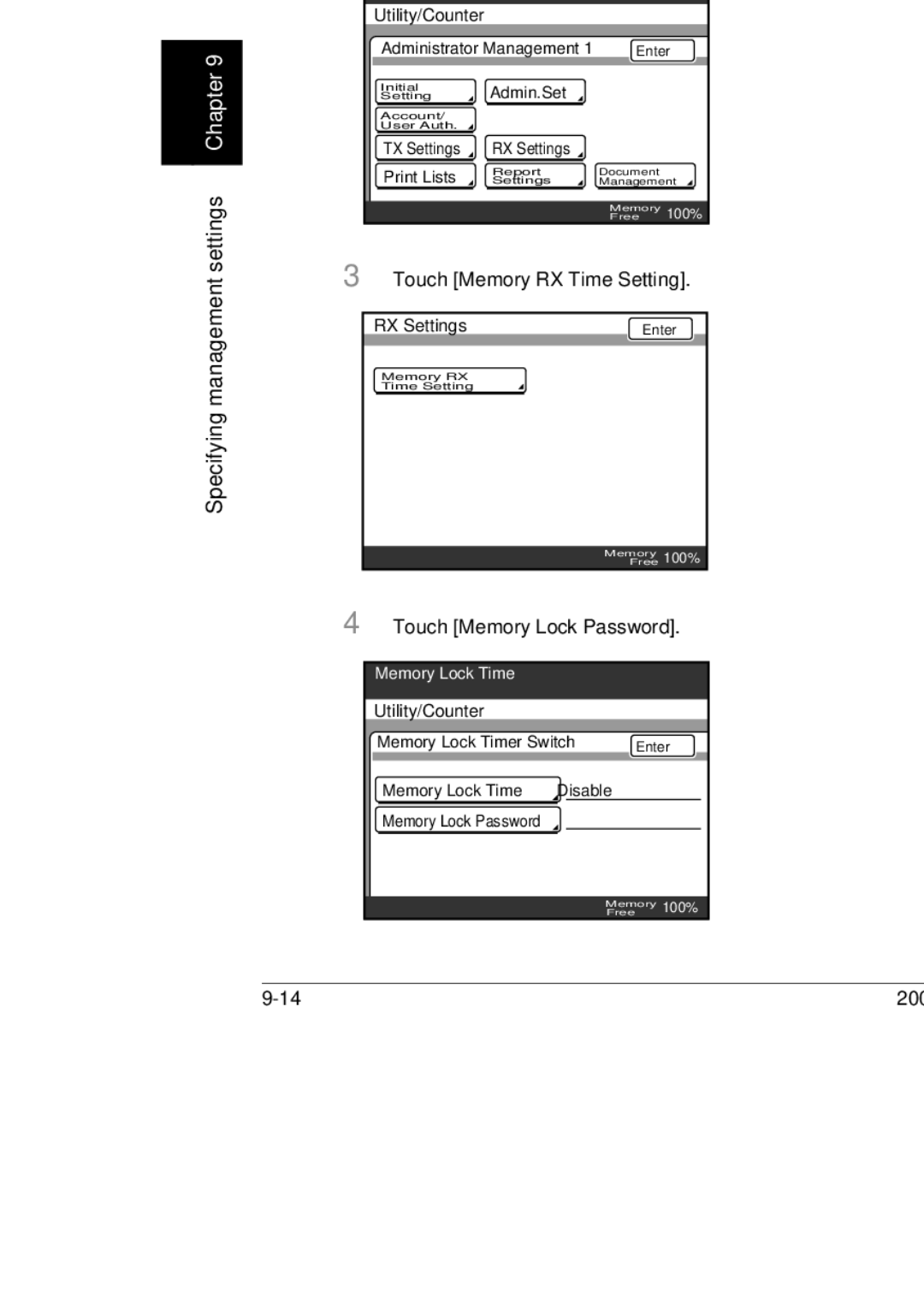 Konica Minolta BP-200, 250, 350 manual To specify the Memory Lock Password setting, Touch Memory Lock Password 