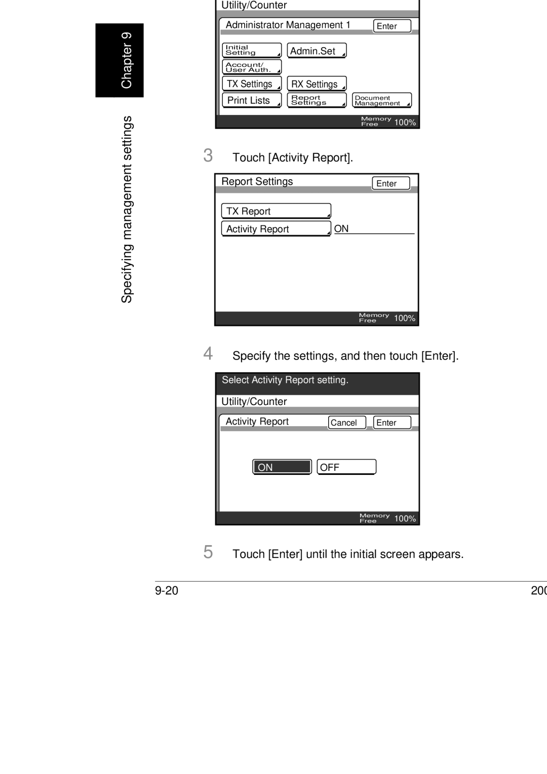 Konica Minolta BP-200, 250, 350 manual Specifying the Activity Report settings, Touch Activity Report 