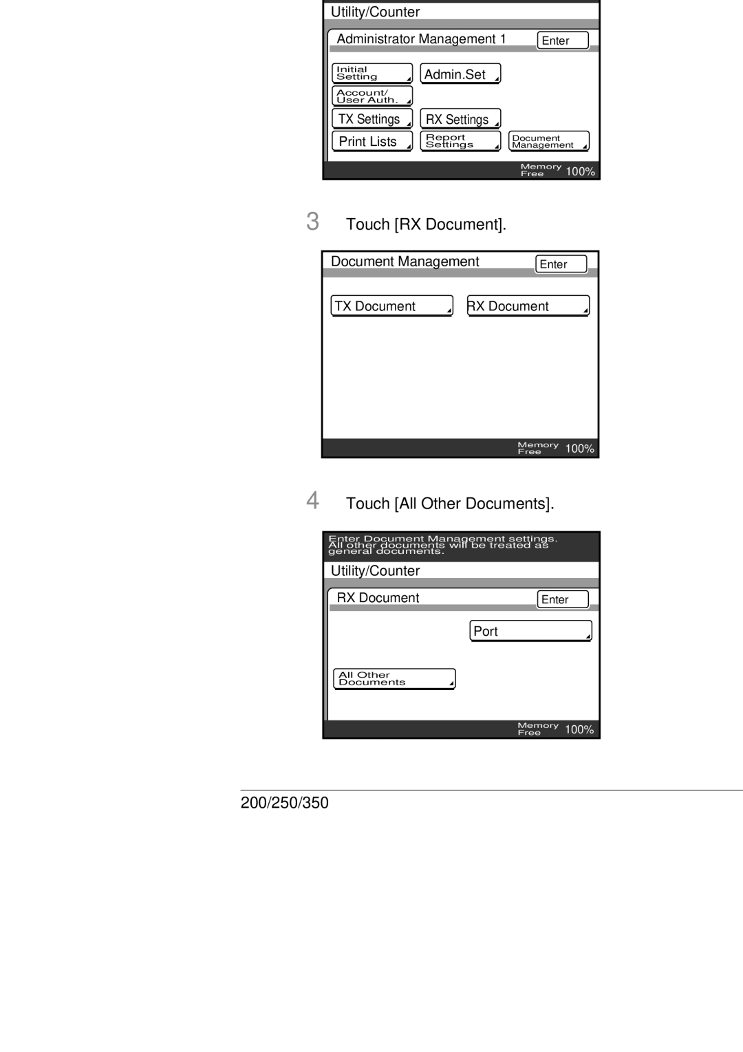 Konica Minolta 250, 350, BP-200 manual To specify the processing of received documents, Touch All Other Documents 