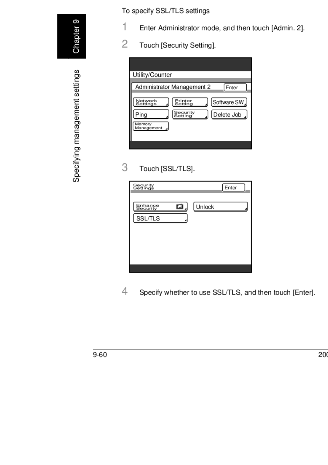 Konica Minolta 250, 350, BP-200 manual Specifying SSL/TLS settings, Touch SSL/TLS 