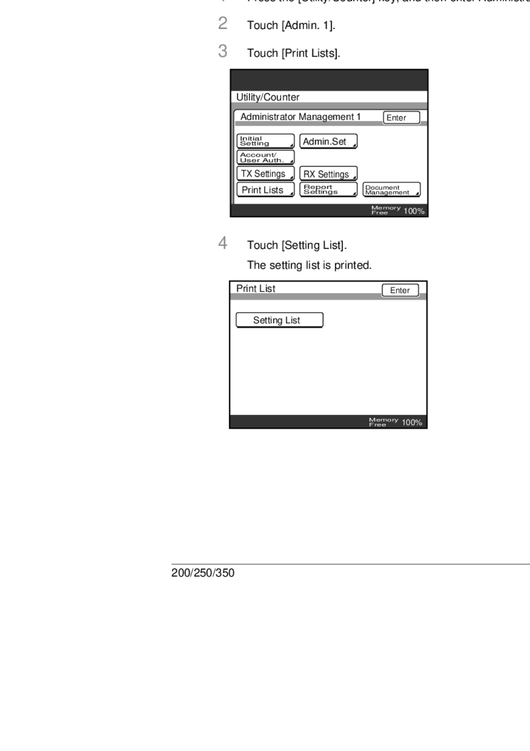 Konica Minolta 350 Checking the function settings Setting List, Printing the setting list, Touch Admin Touch Print Lists 