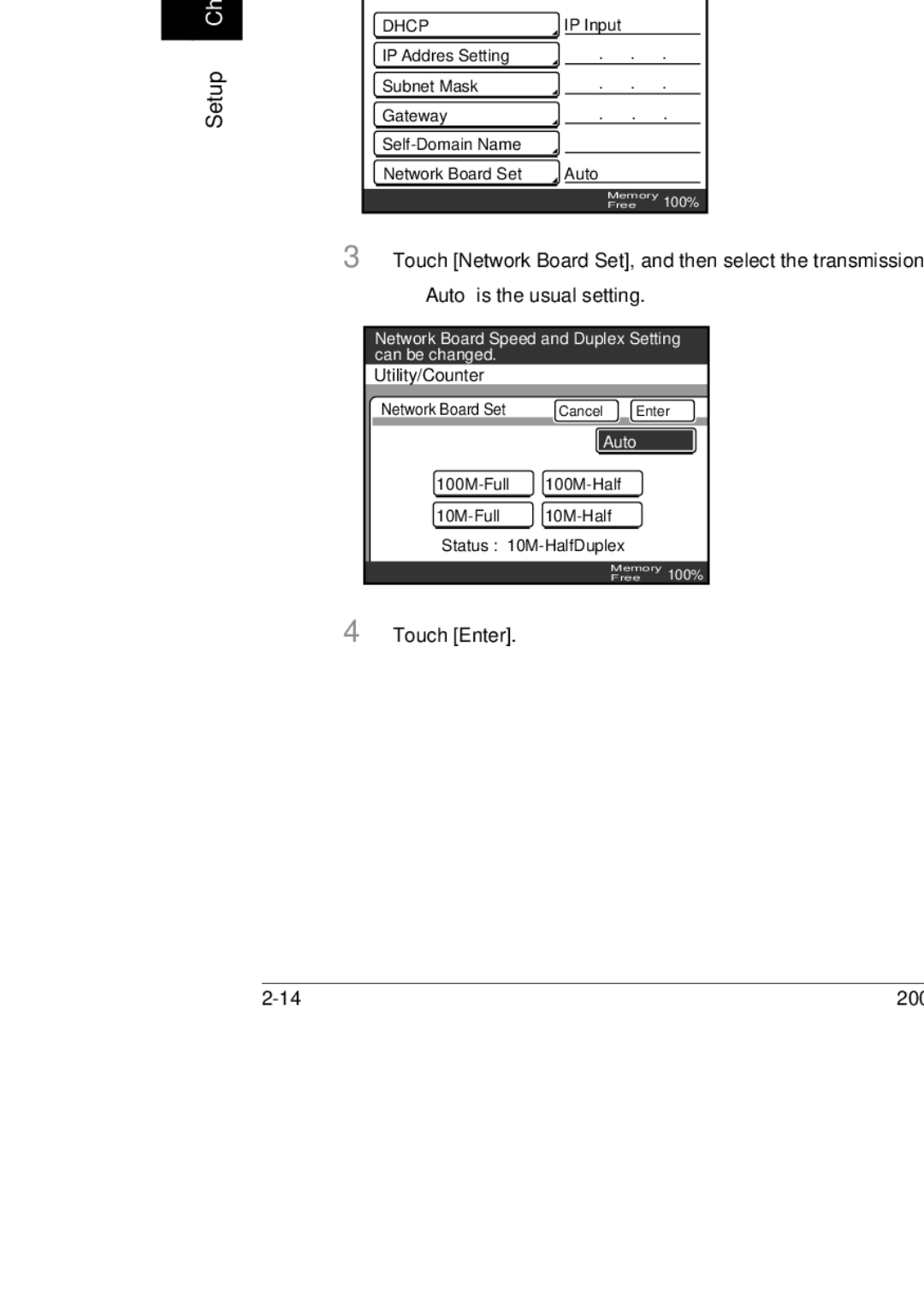 Konica Minolta BP-200 manual To specify the network board settings, Touch Enter 200/250/350 