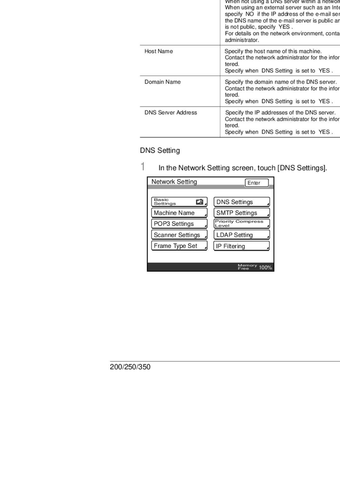 Konica Minolta 250, 350, BP-200 manual Network Setting screen, touch DNS Settings 