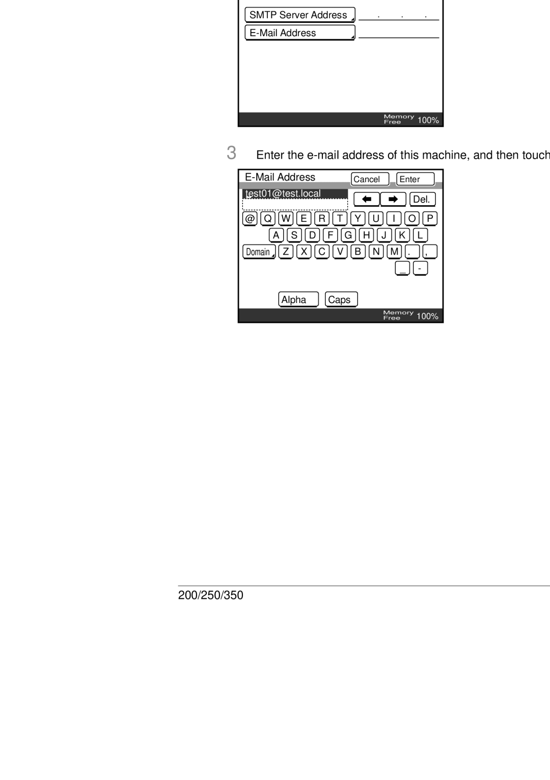 Konica Minolta BP-200, 250, 350 manual Network Setting screen, touch Smtp Settings, Touch E-Mail Address 