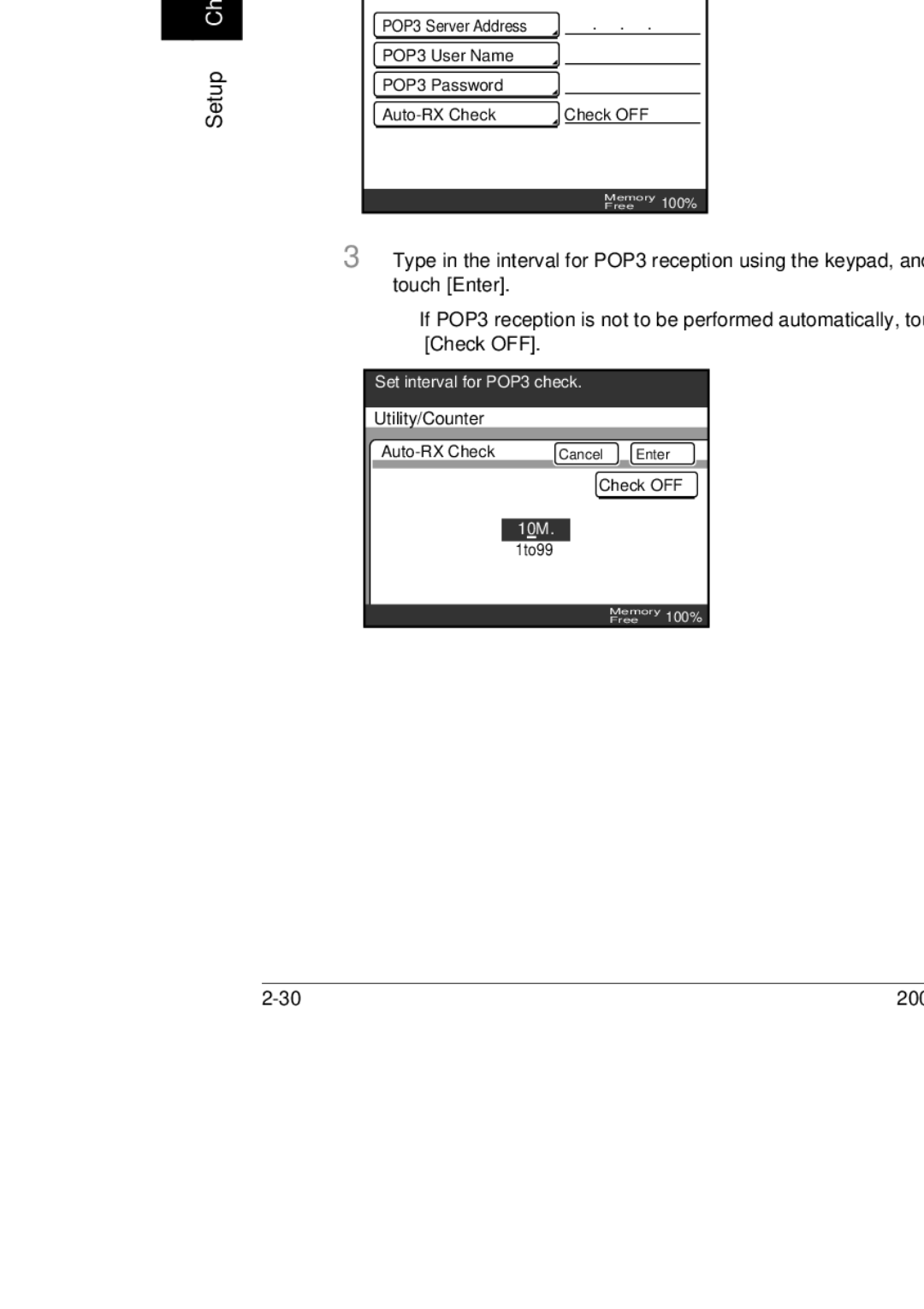Konica Minolta 250, 350, BP-200 manual Network Setting screen, touch POP3 Settings, Touch Auto-RX Check 
