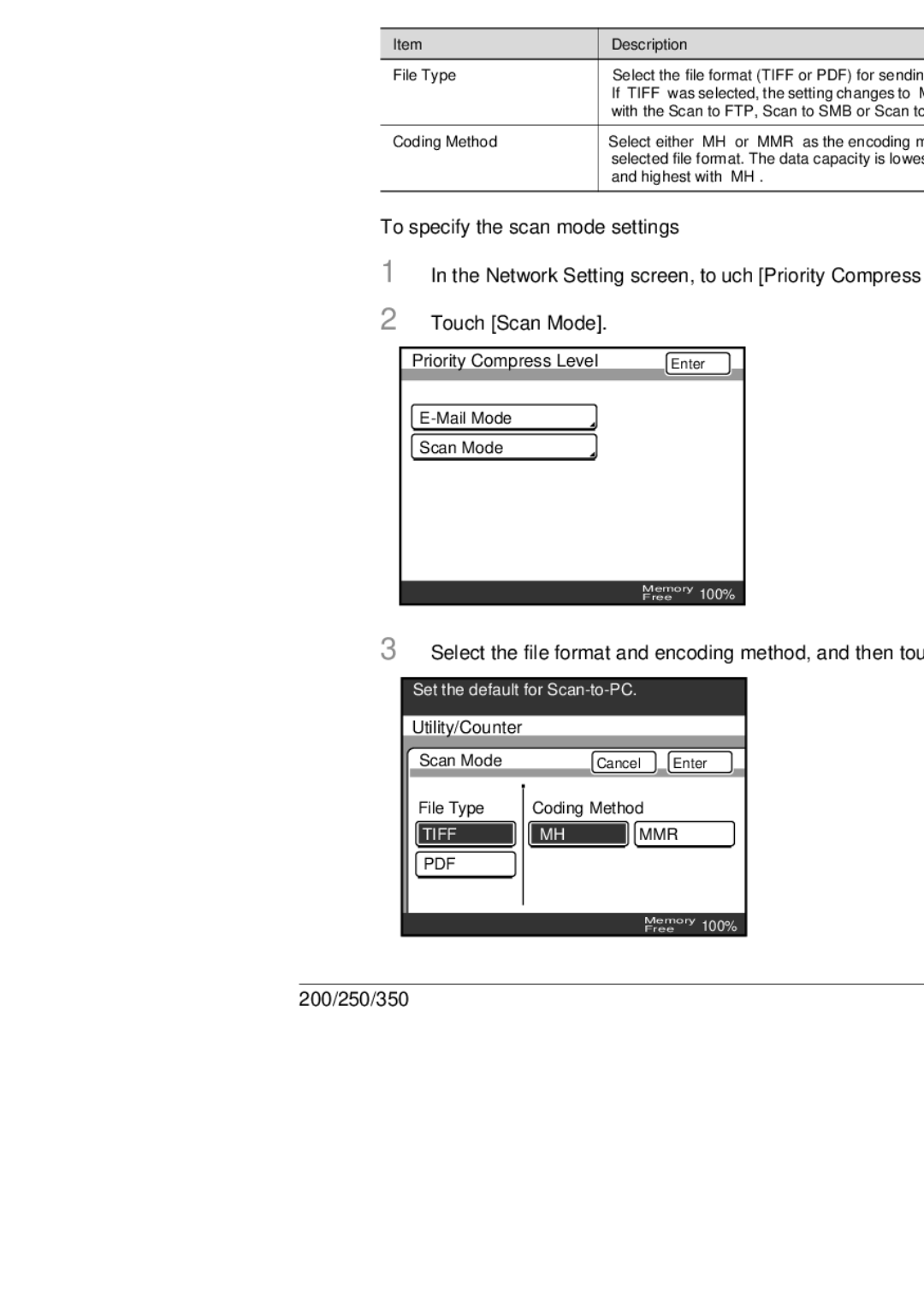 Konica Minolta BP-200, 250, 350 manual Priority Compress Level Scan Mode, To specify the scan mode settings 