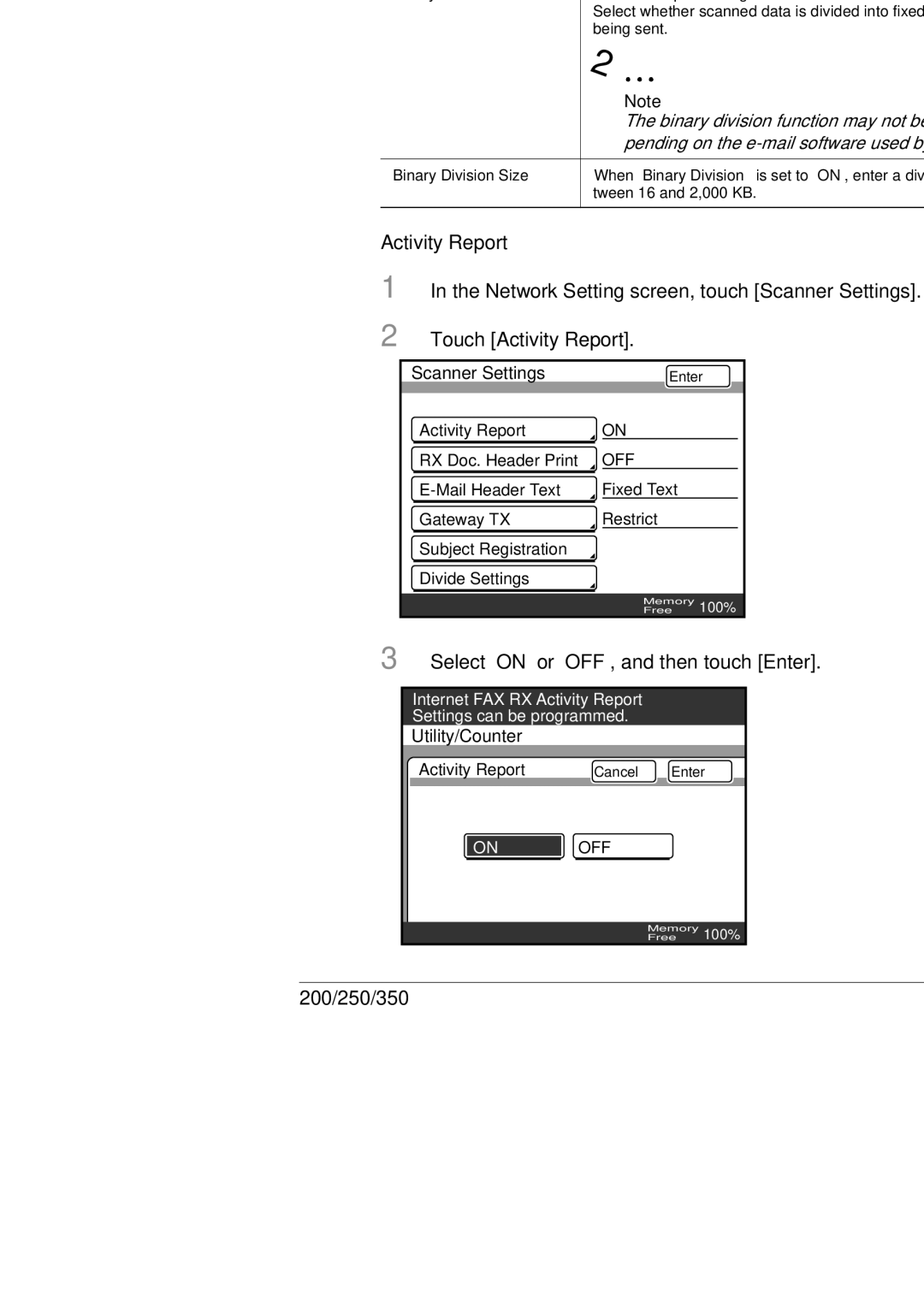 Konica Minolta 350, 250, BP-200 manual Network Setting screen, touch Scanner Settings, Touch Activity Report 