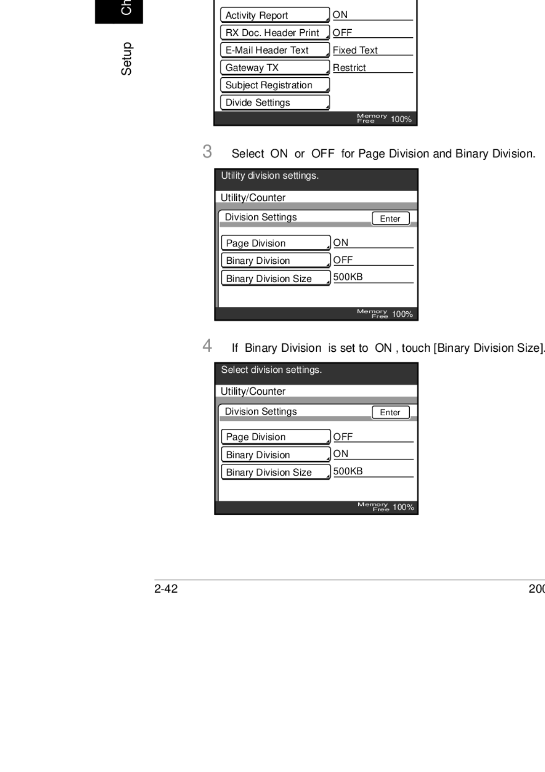 Konica Minolta 250, 350, BP-200 manual Divide Settings, Select on or OFF for Page Division and Binary Division 