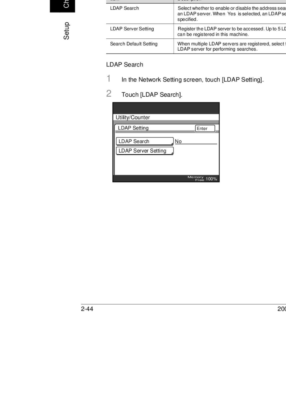 Konica Minolta BP-200, 250, 350 manual Network Setting screen, touch Ldap Setting, Touch Ldap Search 