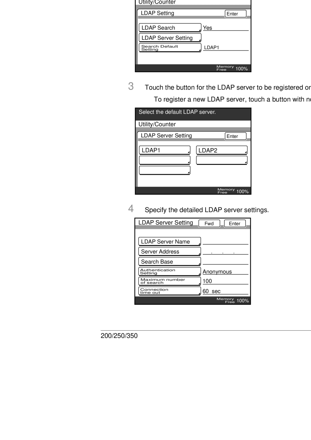 Konica Minolta BP-200, 250, 350 manual To specify the Ldap server settings, Specify the detailed Ldap server settings 