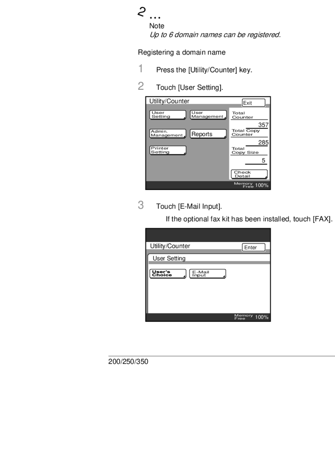 Konica Minolta BP-200, 250, 350 Entering a domain name, Registering a domain name, Touch User Setting, Touch E-Mail Input 