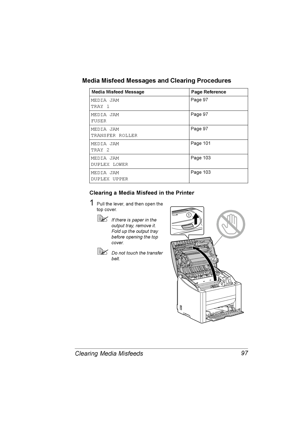 Konica Minolta 2530 DL manual Media Misfeed Messages and Clearing Procedures, Clearing Media Misfeeds 