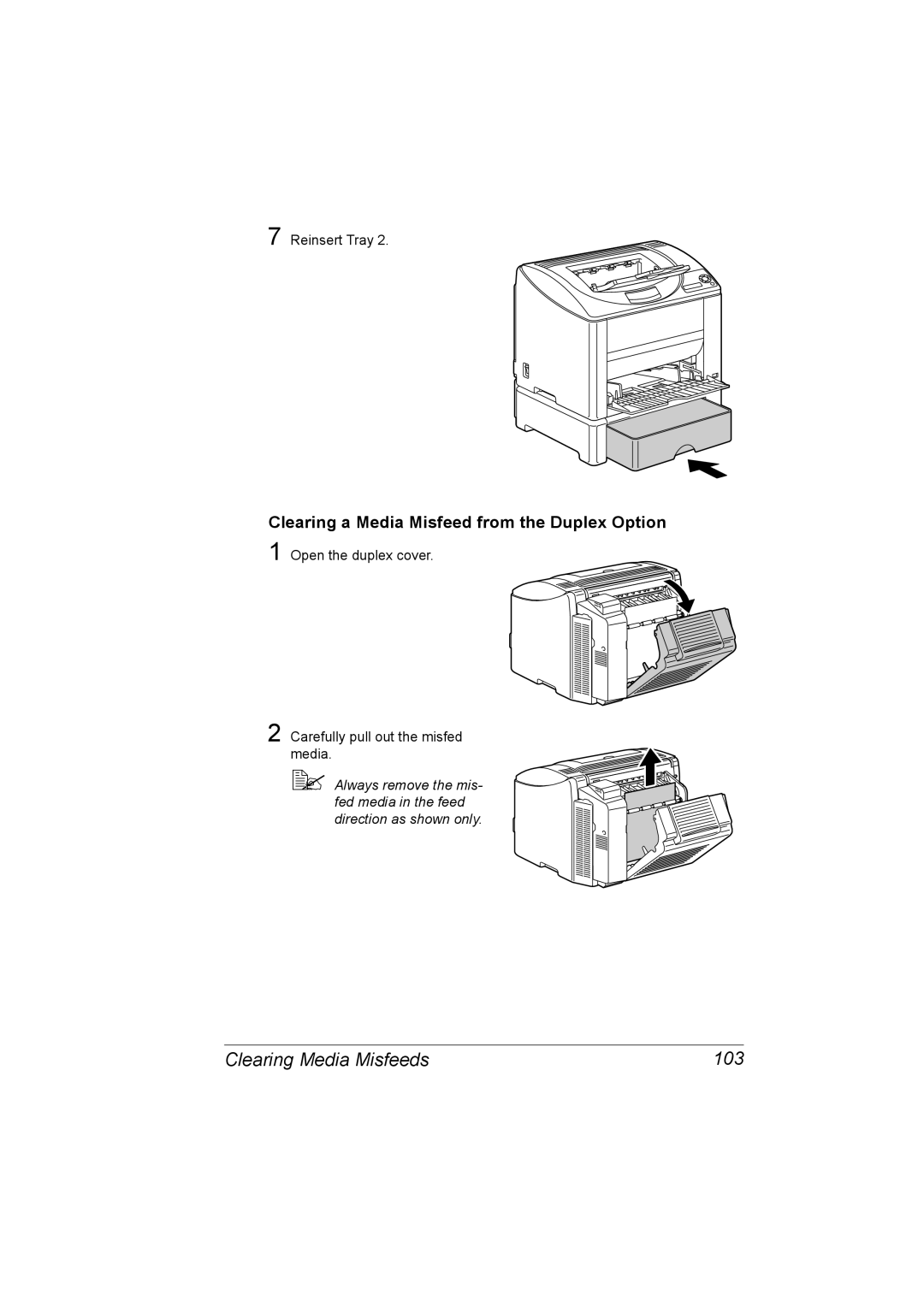 Konica Minolta 2530 DL manual Clearing Media Misfeeds 103, Clearing a Media Misfeed from the Duplex Option 