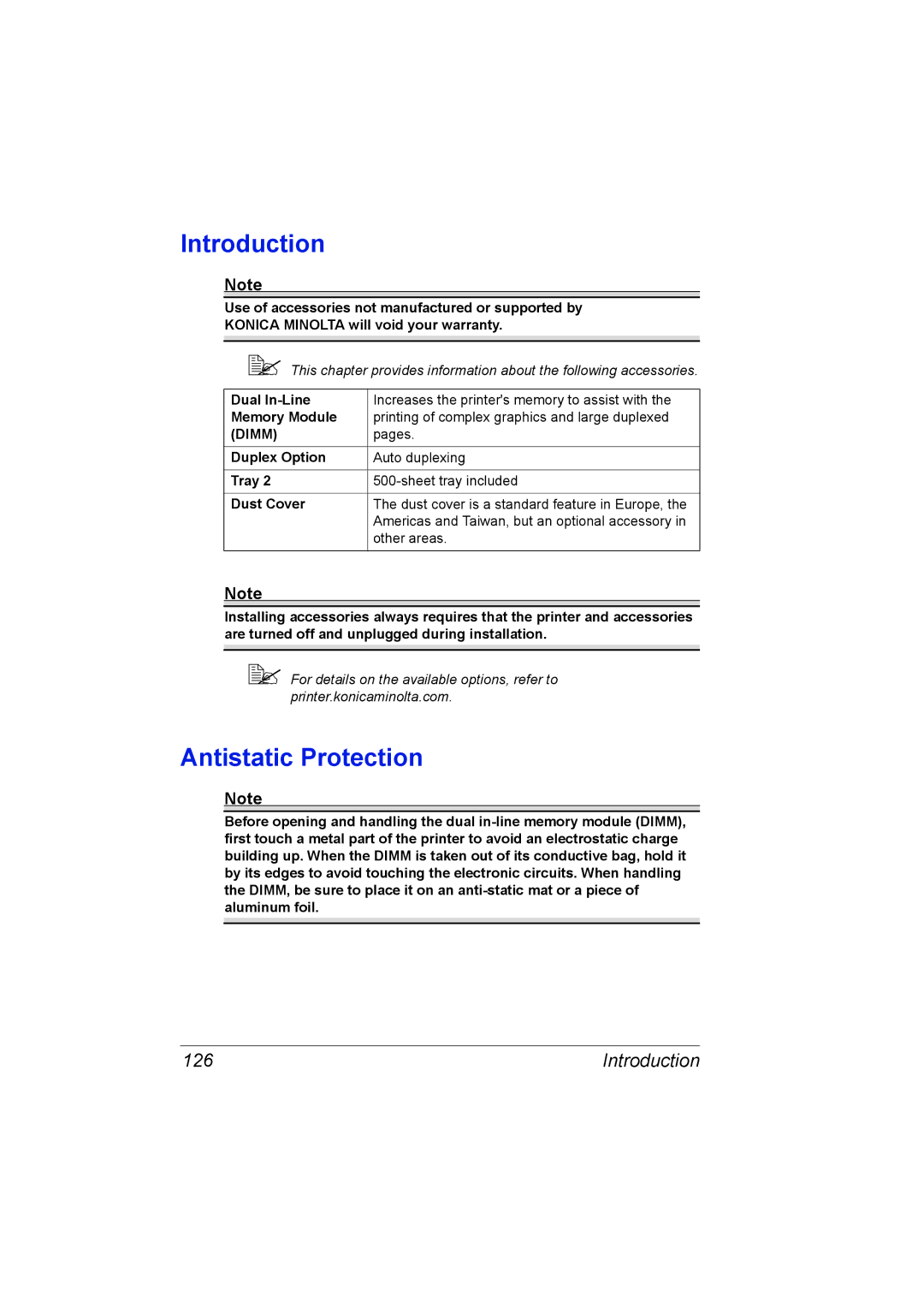 Konica Minolta 2530 DL manual Antistatic Protection, Introduction, Dual In-Line, Memory Module, Duplex Option 