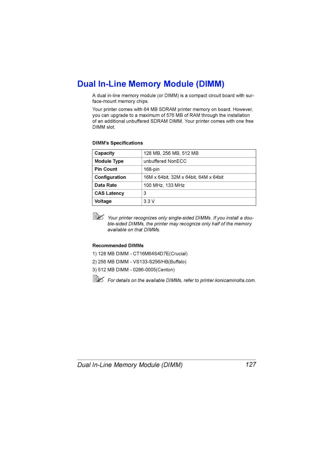 Konica Minolta 2530 DL manual Dual In-Line Memory Module Dimm 127, Recommended DIMMs 