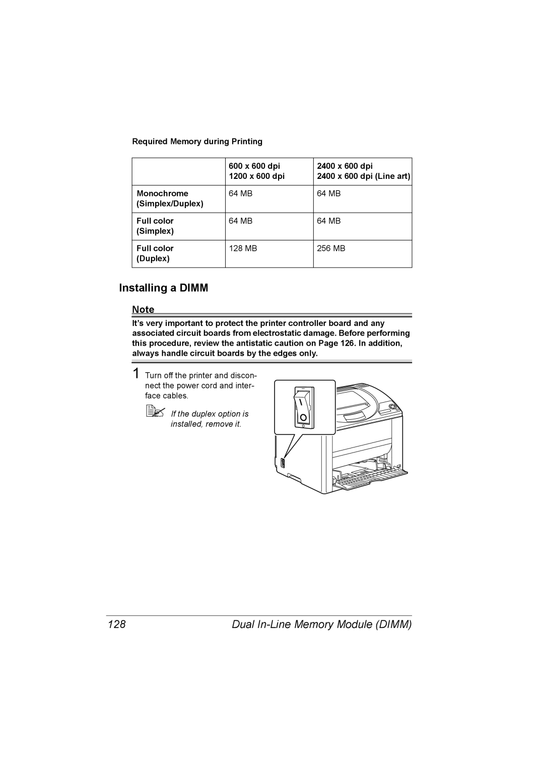 Konica Minolta 2530 DL manual Installing a Dimm, 128 