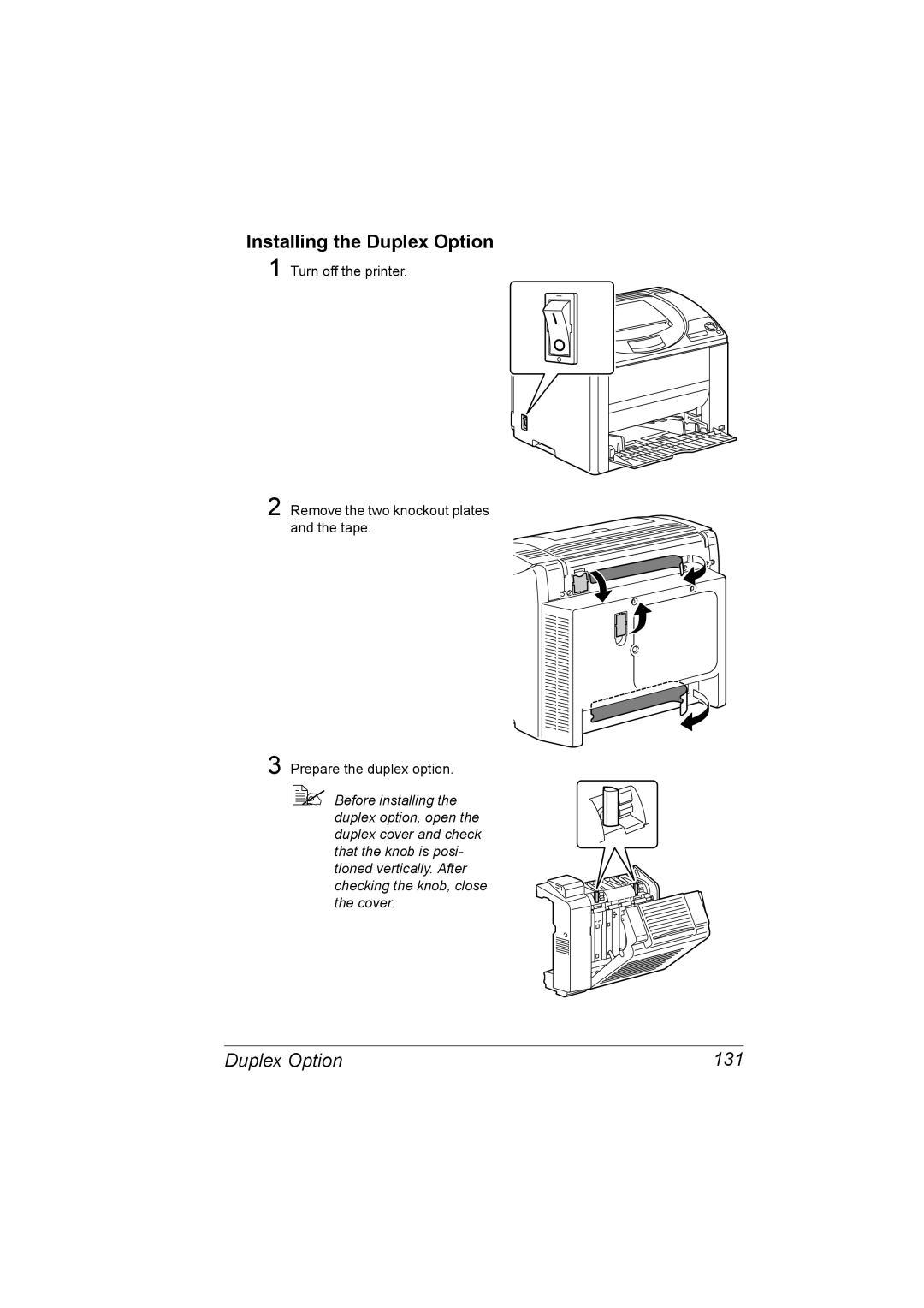 Konica Minolta 2530 DL manual Installing the Duplex Option, Duplex Option 131 