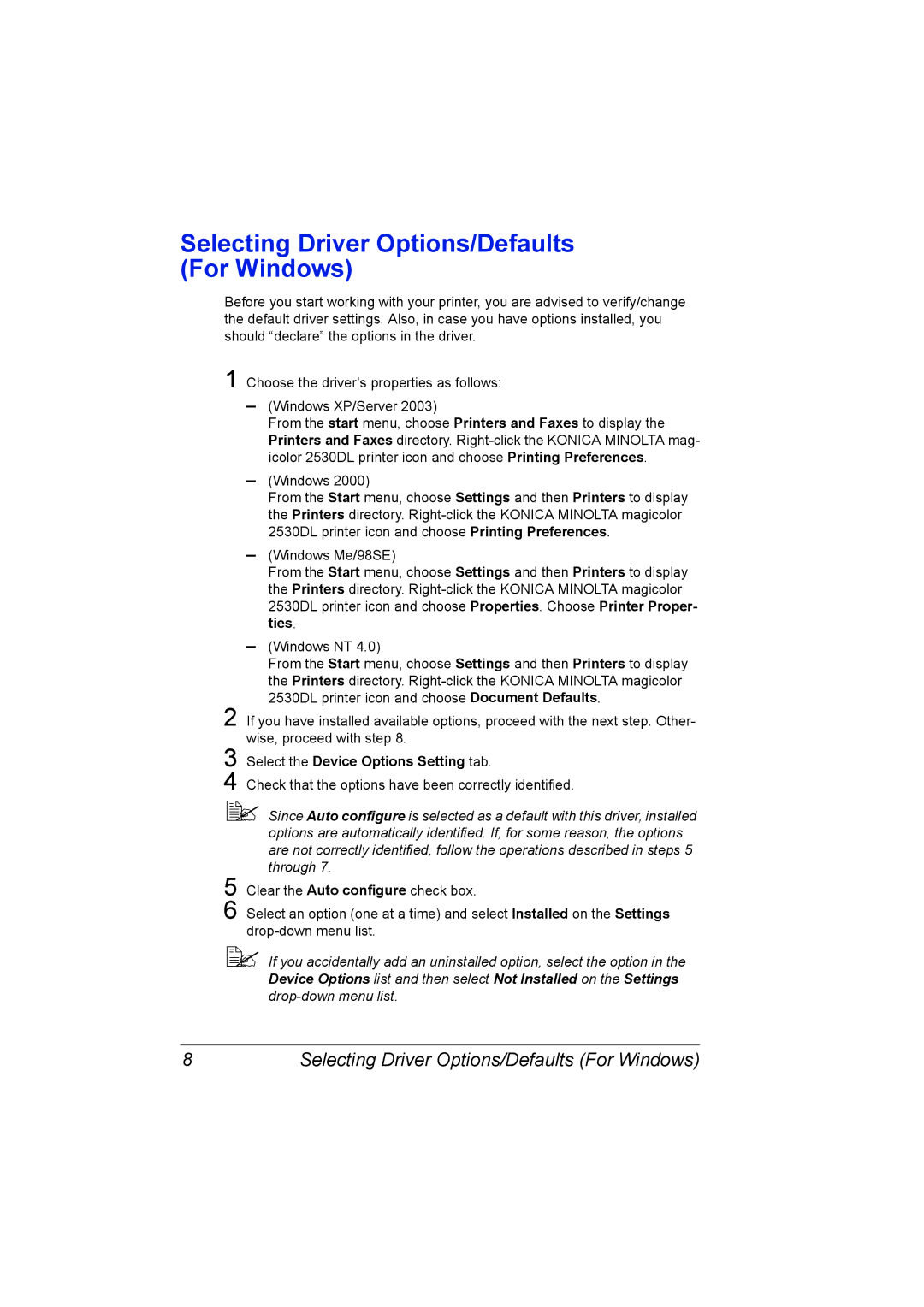 Konica Minolta 2530 DL manual Selecting Driver Options/Defaults For Windows, Select the Device Options Setting tab 