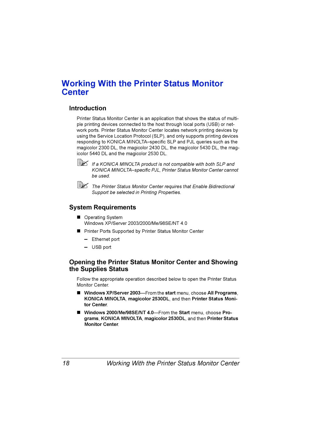 Konica Minolta 2530 DL manual Working With the Printer Status Monitor Center, System Requirements 