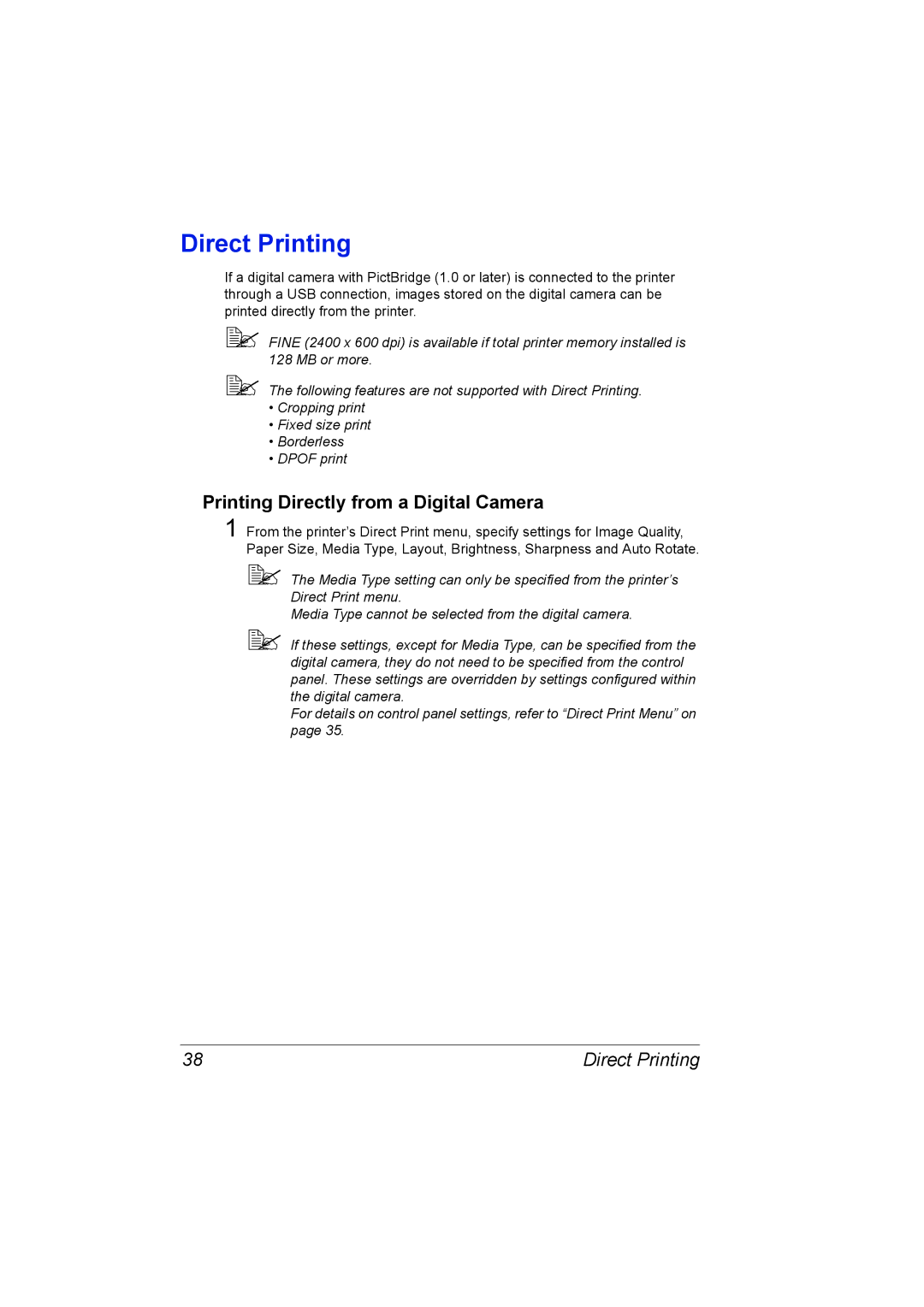 Konica Minolta 2530 DL manual Direct Printing, Printing Directly from a Digital Camera 