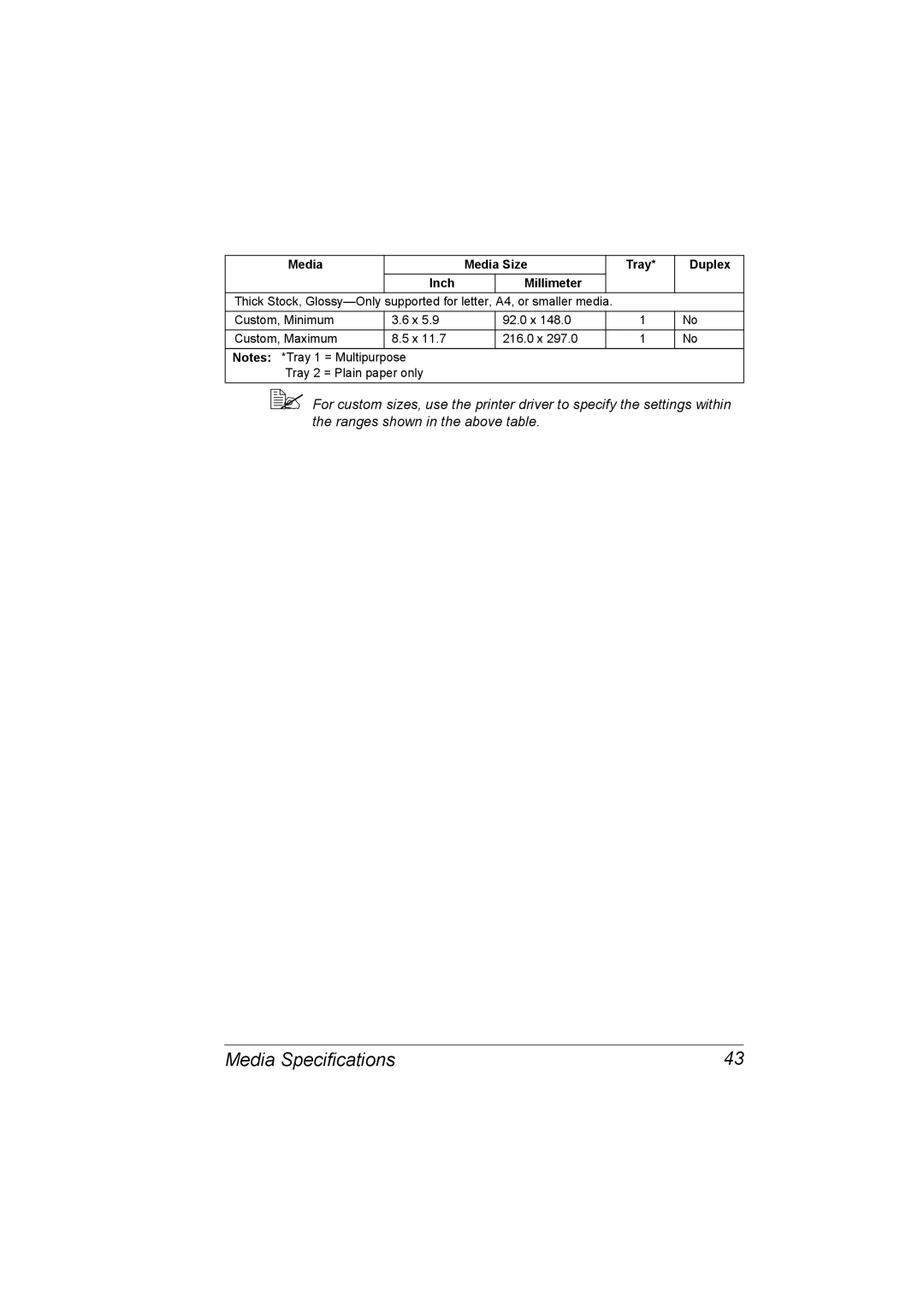 Konica Minolta 2530 DL manual Media Specifications, Media Media Size Tray Duplex Inch 