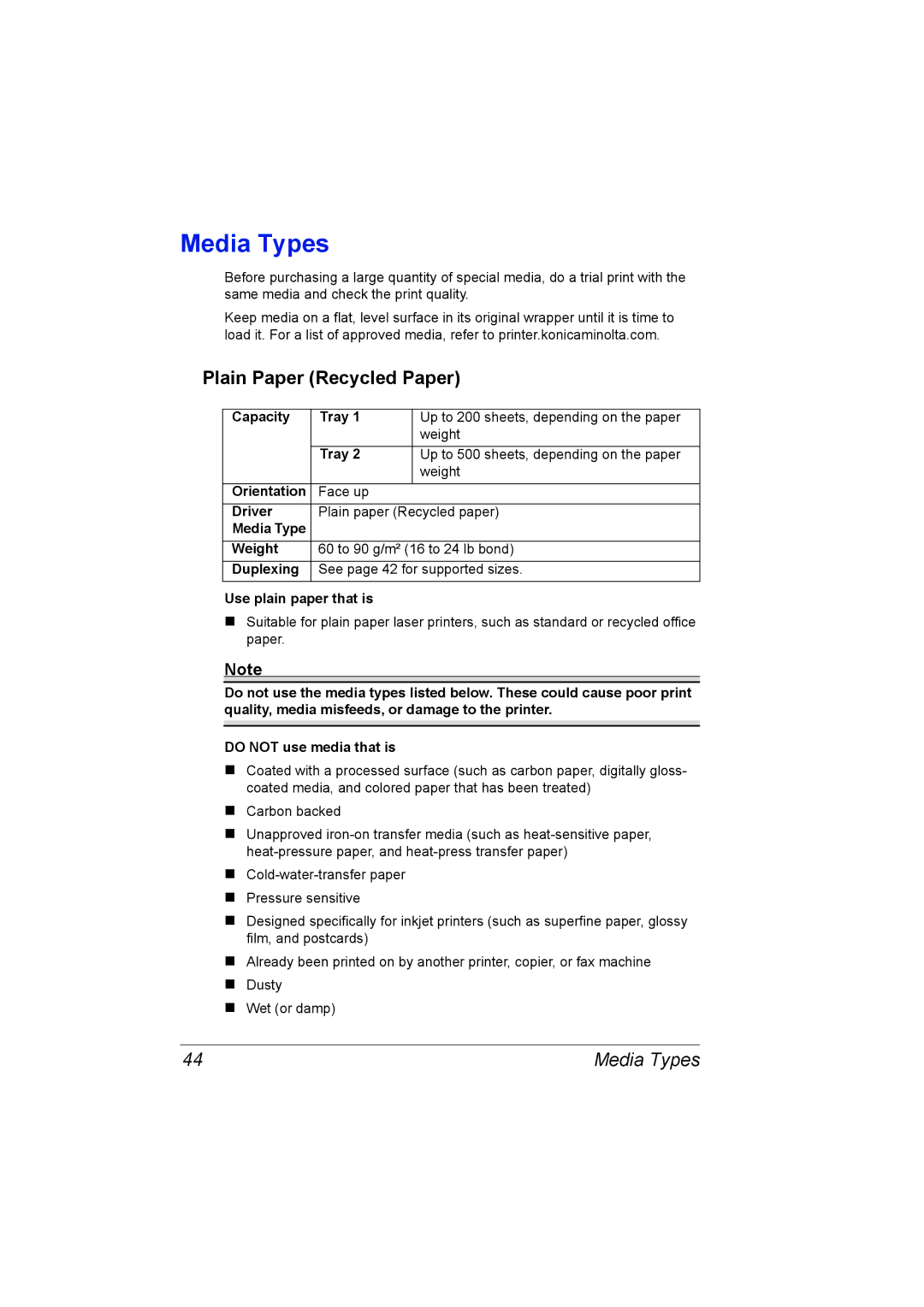 Konica Minolta 2530 DL manual Media Types, Plain Paper Recycled Paper 